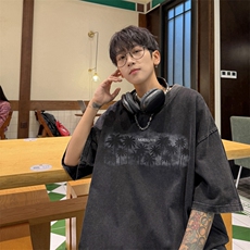 量大优供视频240g重磅美式炒雪花水洗做旧短袖t恤STX541-特P25，男装T恤，电商B371