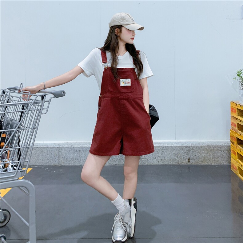 酒红色气质背带裤女2025年夏季新款复古减龄小个子俏皮百搭连体裤图片
