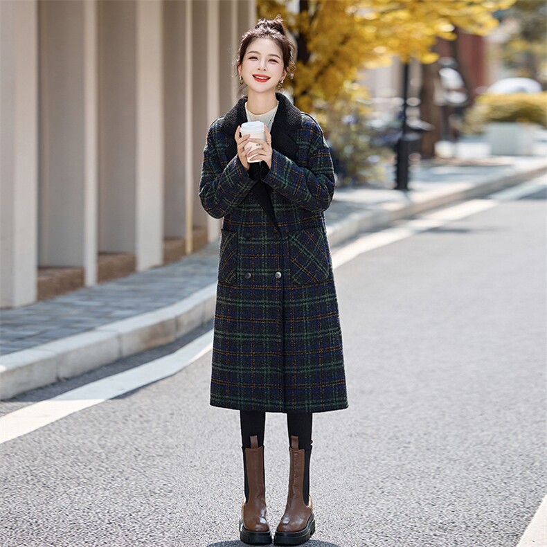 格纹两面穿毛呢外套女中长款2025秋冬装新款韩版宽松加厚呢子大衣,女装双面呢大衣,采品优优