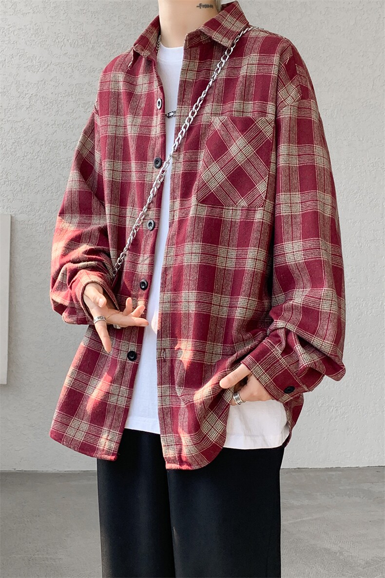 8XL-M格子衬衫男长袖秋季美式复古潮宽松衬衣外套CS516P55控78,男装衬衫,电商D206-1