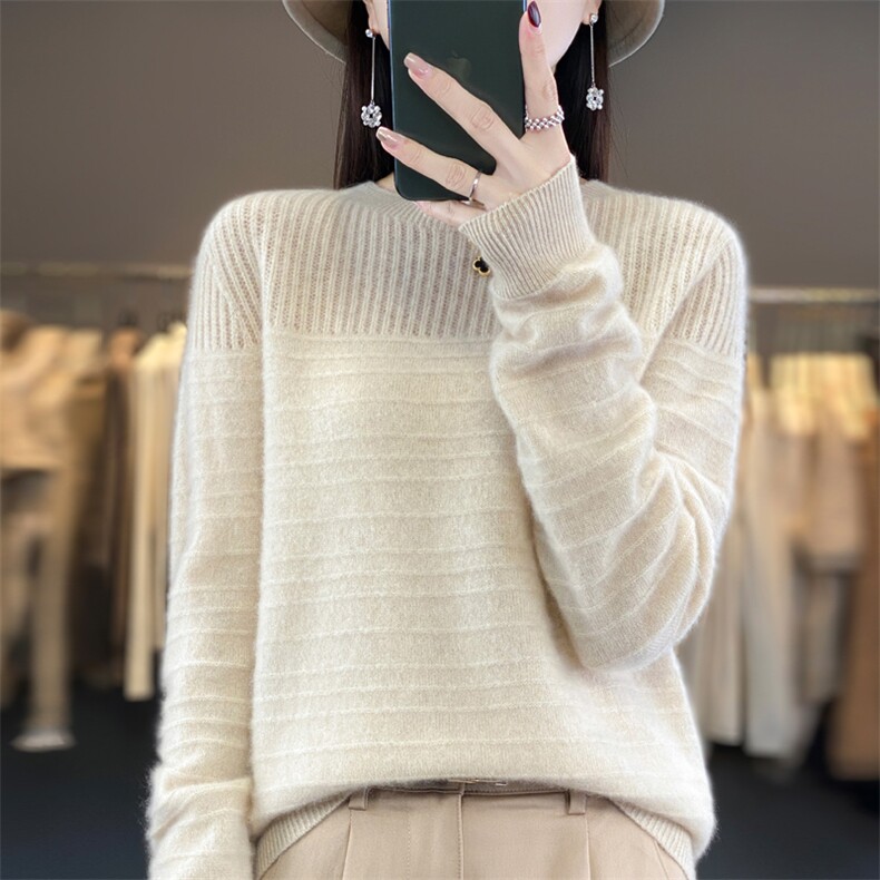 秋冬一线成衣圆领女镂空针织长袖羊绒衫宽松内搭毛衣,女装羊毛衫,大美人高端店