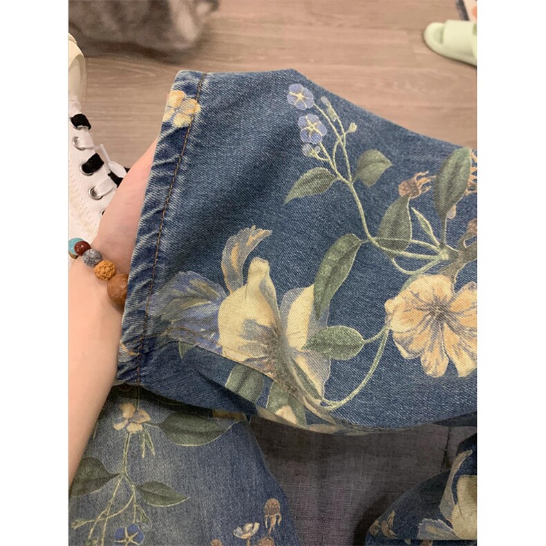 潮美式复古花卉印花牛仔裤男夏小众宽松垂感阔腿拖地裤N7719,男装牛仔裤,星座1116A（原606A-3）