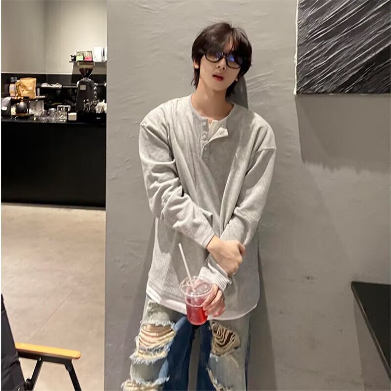 T428-P36潮流简约亨利领卫衣男高级感长袖t恤半开扣设计感,男装T恤,电商B323A