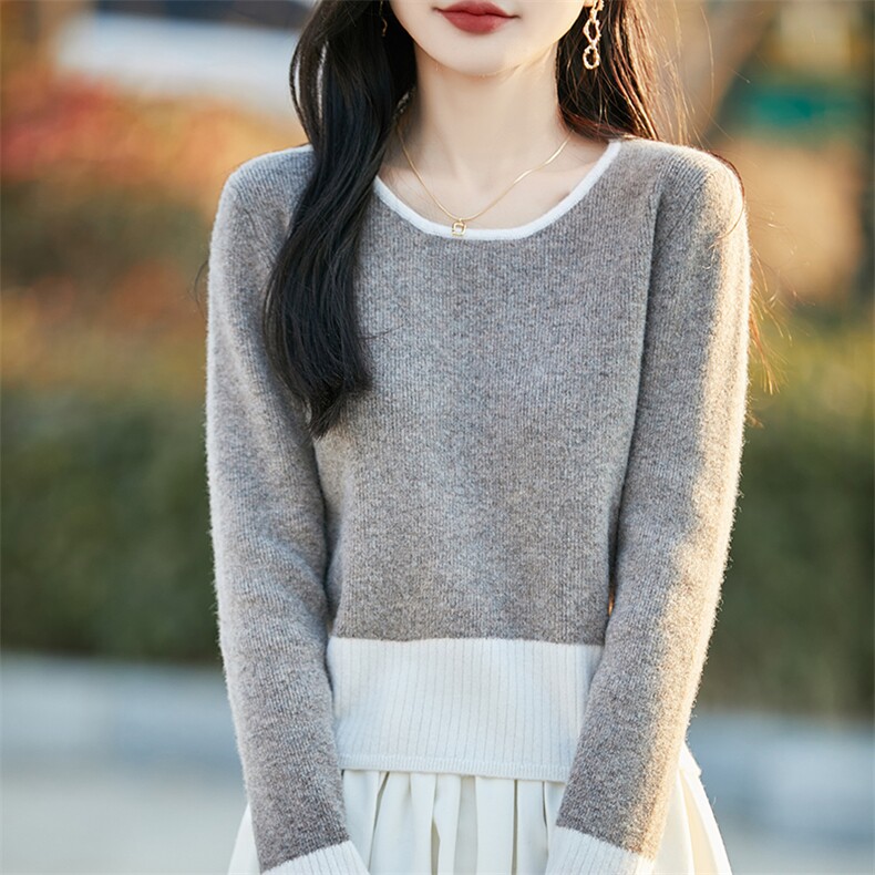 秋冬新款拼色100%纯羊毛衫女圆领针织毛衣气质宽松羊绒衫打底上衣,女装羊毛衫,蒙特羊绒