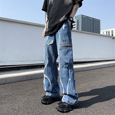 春秋季潮牌磨破设计牛仔裤拉链大口袋水洗休闲直筒裤，男装牛仔裤，星座410-6（原星座1304-1）