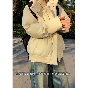 现货5W件冬季三防重磅boxy短款羽绒连帽PU皮棉衣外套防风加厚棉服图片
