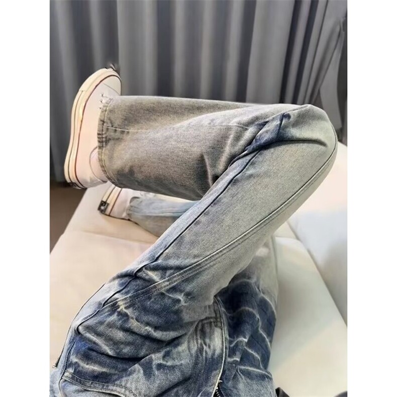 现货浅蓝色闪电水洗破洞牛仔裤男高街vibe裤子微喇牛仔裤情侣款图片