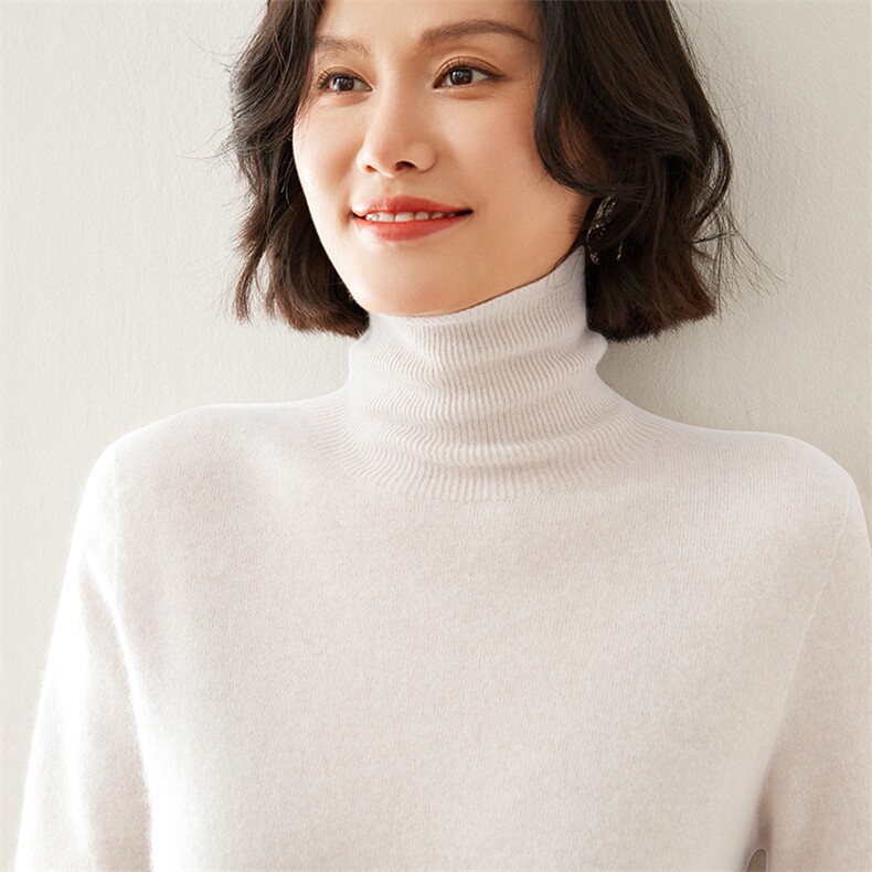高翻领秋冬季修身显瘦长袖套头打底,女装羊毛衫,七柒羊绒