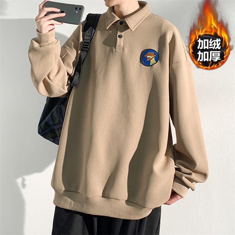 冬款大码光影刺绣男华夫格加绒加厚翻领Polo卫衣W26620J加绒-P55,男装卫衣,电商A001-1