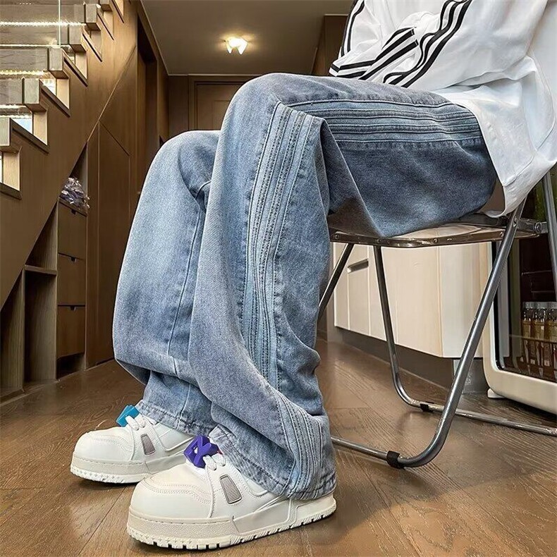 DQ20-P58拉链开叉牛仔裤男春季设计感潮牌春秋美式高街宽松直筒裤，男装牛仔裤，星座603-2