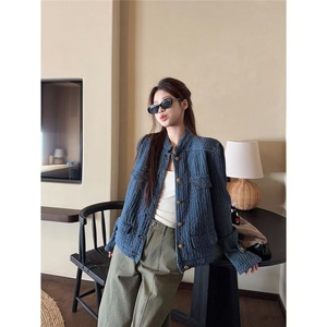 蓝色小香风立领长袖牛仔外套女秋季高级感短款超好看开衫上衣图片