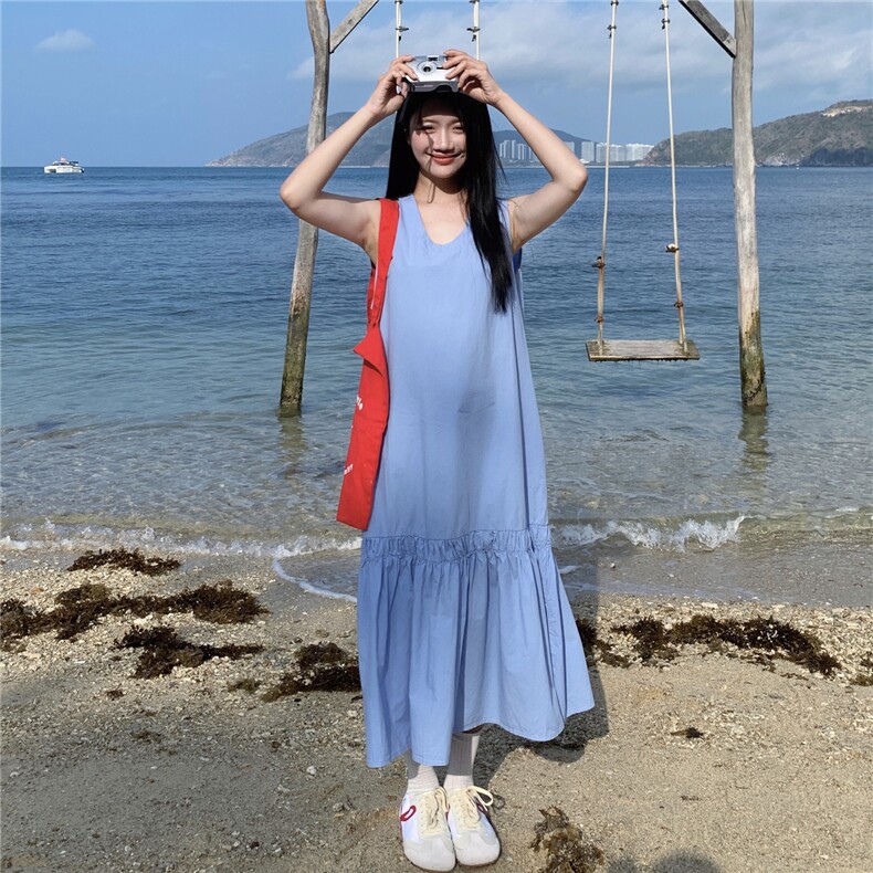 宽松休闲蓝色无袖背心连衣裙女夏2025新款独特漂亮长裙巨好看漂亮,女装连衣裙,2C135