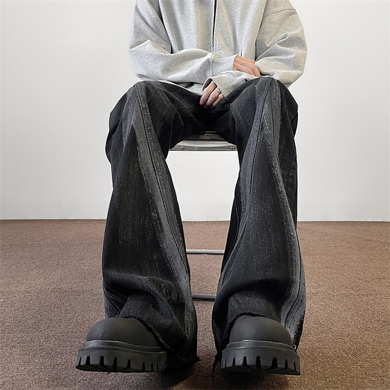 美式eodup高街hiphop重工艺水洗涂鸦微毛边喇牛仔裤货号K2409P65图片