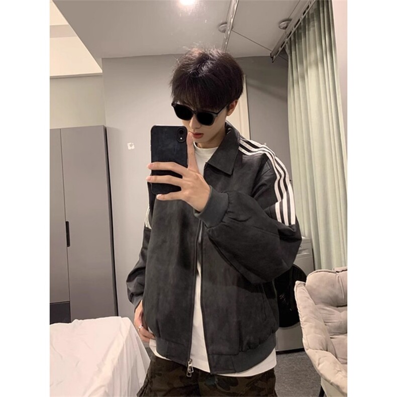 条纹pu皮衣夹克潮男春秋复古痞帅机车服三条杠翻领外套 JHT116图片