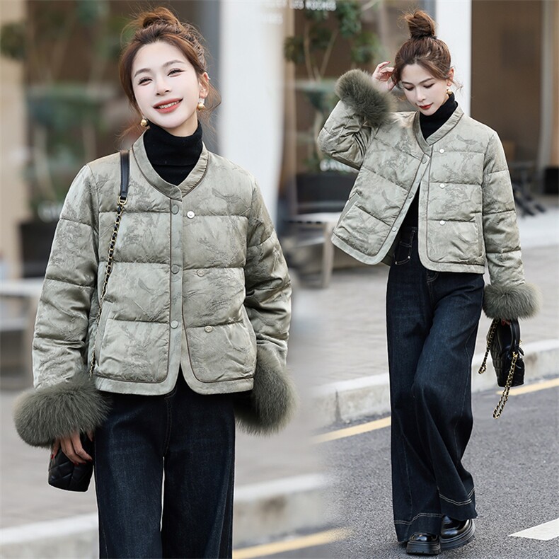 狐狸毛羽绒服女提花短外套2024冬季新款新中式白鸭绒上衣,女装羽绒服,仟媚宠