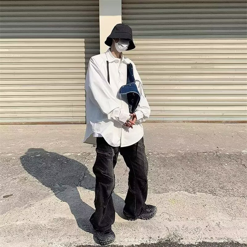 美式高街牛仔拼接衬衫男生ins港风宽松小众设计休闲百搭衬衣日系,男装衬衫,星座506A