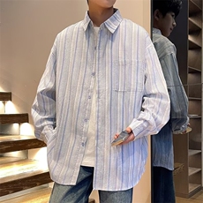 蓝色条纹衬衫男长袖日系休闲原宿风简约痞帅男宽松薄款外套C3020，男装衬衫，星座1116A-1（原606A）