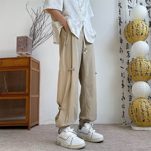 新中式盘扣亚麻冰丝裤男夏季风汉服唐装宽松束脚长裤子 KM538图片