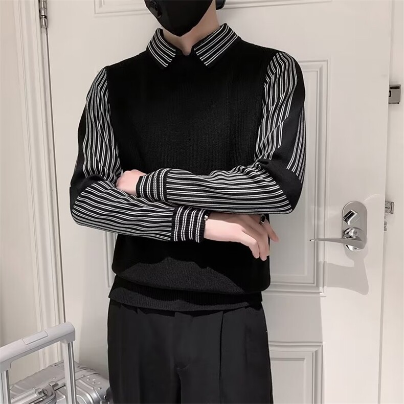 慵懒风假两件毛衣男士衬衫领春秋季网红设计感小众S552-P50,男装针织衫/毛衣,星座1109-3