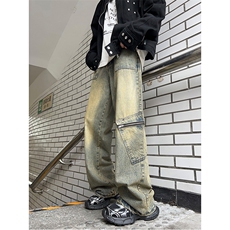 潮vibe黄泥工装牛仔裤男秋季美式潮牌宽松直筒长裤K7465-P48，男装牛仔裤，星座512-3
