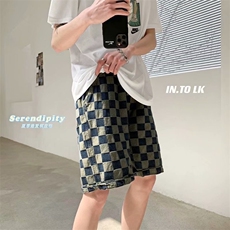 潮牌格子牛仔短裤夏ins潮流新款宽松百搭休闲时尚五分裤N3035-P35，男装牛仔裤，星座1008