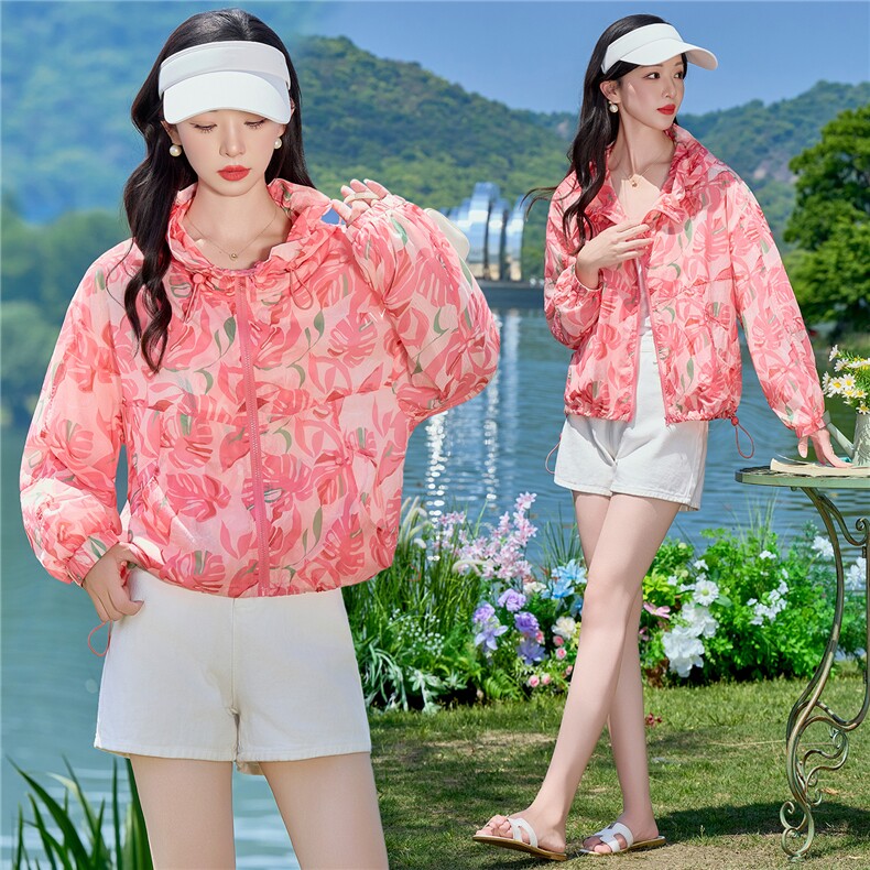 连帽防晒衣女短款2026年夏季新款冰丝薄款时尚印花透气防晒服外套,女装防晒衣,梦懿尔