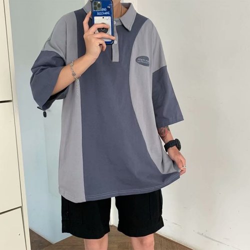 polo衫男短袖拼接字母2021上衣港风夏季新款宽松痞子帅气W766-P25,男装Polo衫,星座412-2