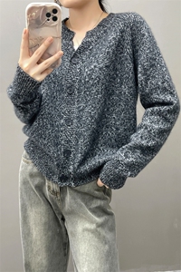 之he同款山羊绒花纱开衫圆领加厚宽松针织开衫外套毛衣女秋冬图片