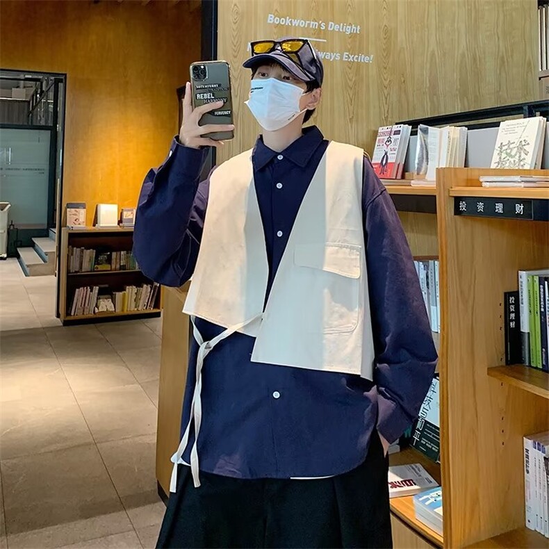 不规则假两件拼接长袖衬衫个性炸街情侣宽松休闲衬衣W3215-P40,男装衬衫,星座412