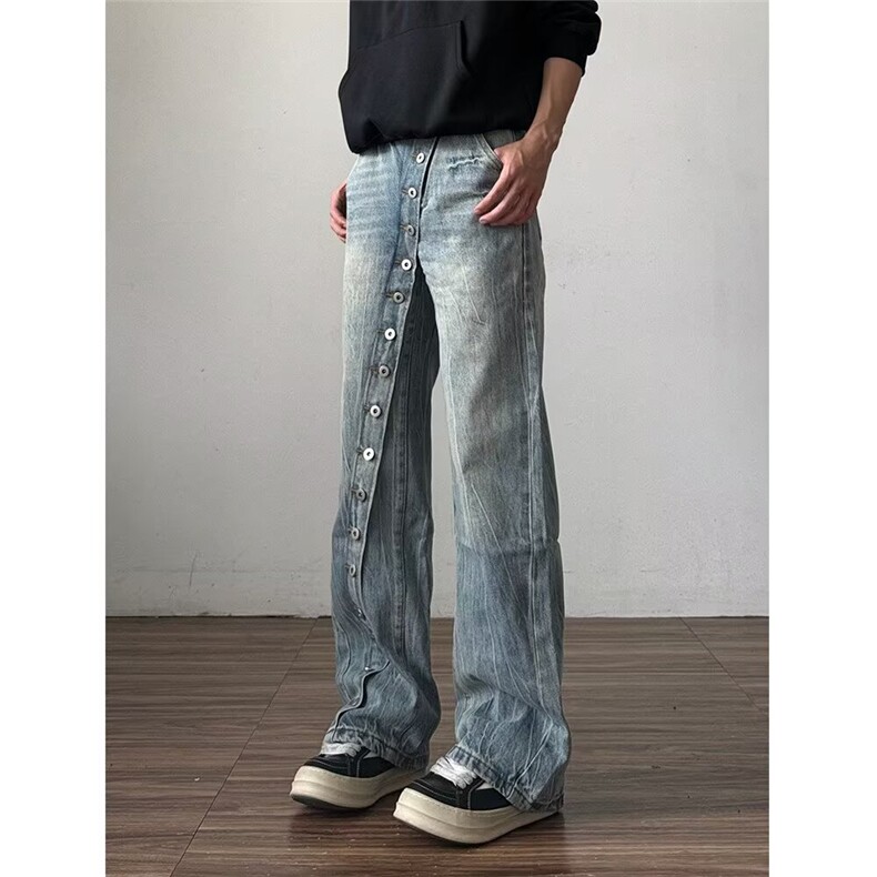 美式复古水洗斜门纽扣直筒牛仔裤设计感小众宽松休闲百搭阔腿裤，男装牛仔裤，星座302B-2