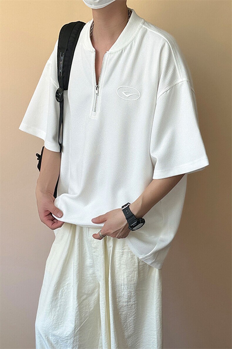 现货-夏季新品半拉链华夫格短袖男潮牌百搭宽松T恤-AT23008-P55,男装T恤,电商A351