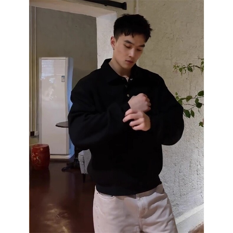 抖音得物高品质二开230克精梳珠地光版纯色宽松长袖T恤翻领POLO衫，男装T恤，电商A486-1