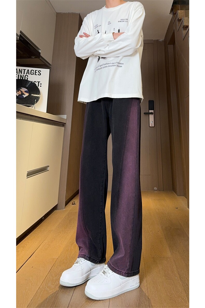 现货黑紫色拼接宽松阔腿直筒撞色休闲牛仔裤男女K5820-P50控78,男装牛仔裤,星座205