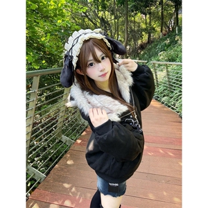 原创自制日系辣妹秋季修身亚文化百搭猫耳朵连帽开衫薄宅萌外套女图片