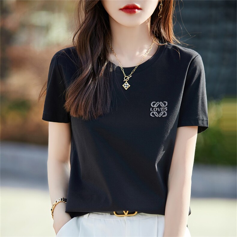 24夏季新款80支丝光棉t恤女烫钻印花短袖100%纯棉修身显瘦上衣T恤,女装T恤,暖烁羊绒
