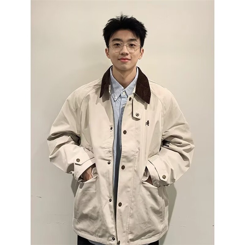W6503-P62休闲日系复古假两件拼接翻领夹克男潮牌宽松风学生,男装夹克,电商B323A