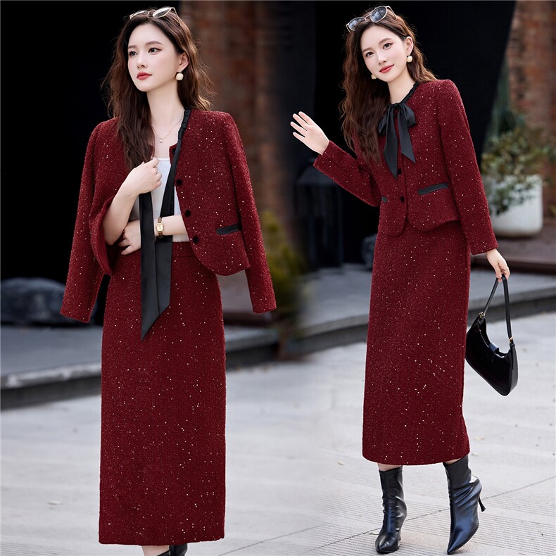 2025秋冬新款小香法式气质时尚花边短裙两件套，女装套装/套裙，魅家