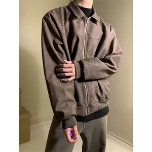 美式复古皮衣外套男痞帅风短款正肩夹克翻领春秋季棒球服情侣外套图片