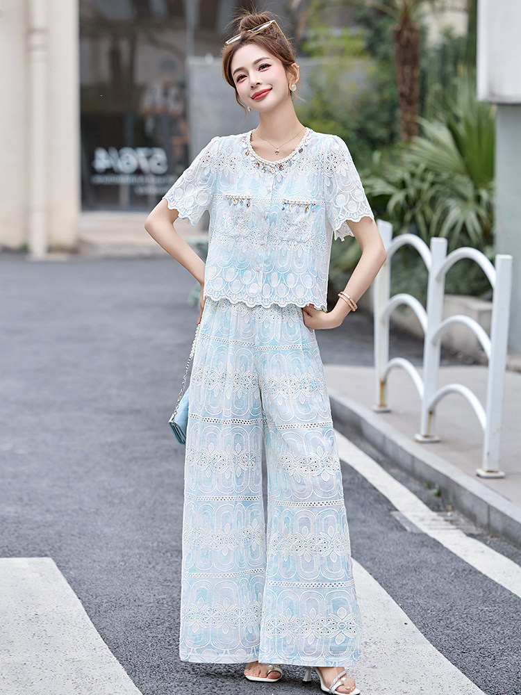 法式小香风套裤女夏季新款韩系提花刺绣短袖上衣阔腿裤两件套,女装套装/套裙,伊仟回