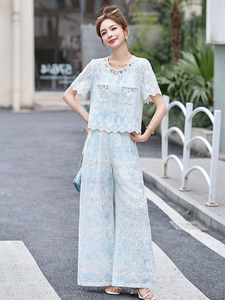 法式小香风套裤女夏季新款韩系提花刺绣短袖上衣阔腿裤两件套图片