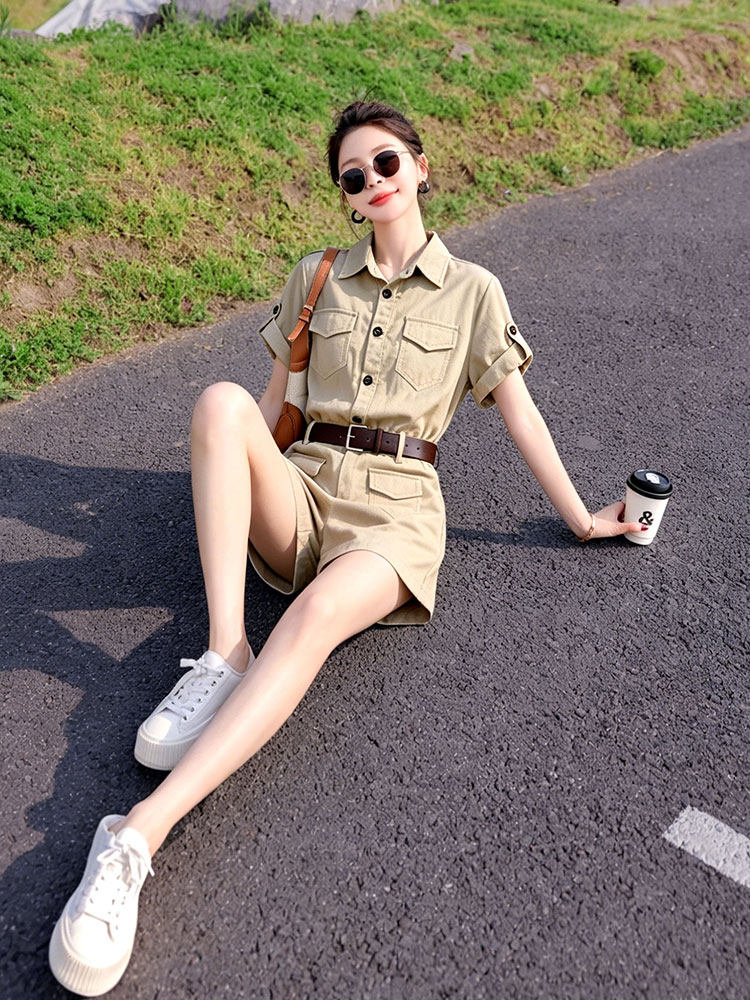 （新款现货）2026夏装时尚莱赛尔天丝棉麻工装连体短裤（配腰带）,女装连体裤,印象茜