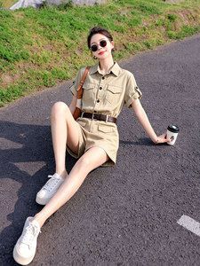 （新款现货）2026夏装时尚莱赛尔天丝棉麻工装连体短裤（配腰带）图片