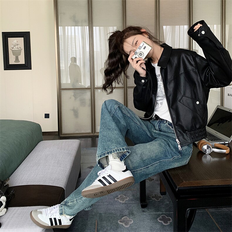 上衣常规机车服工装风短款皮衣休闲修身型秋季百搭,女装短外套,2C090