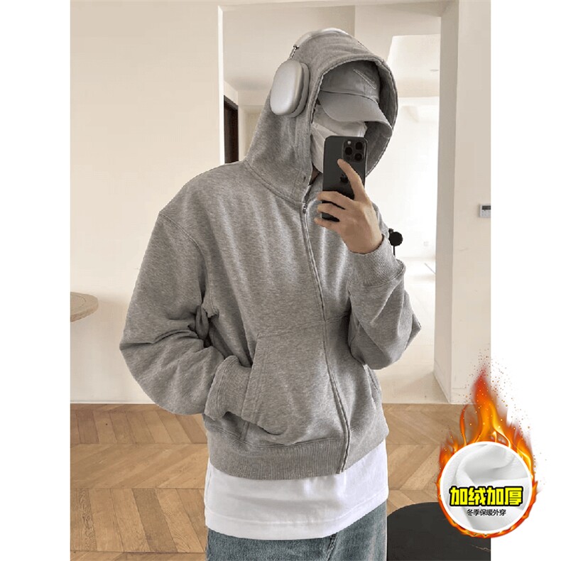 480G重磅加绒硬挺boxy男女秋冬美式高街结构无帽绳开衫卫衣厚外套，女装短外套，电商A486-1