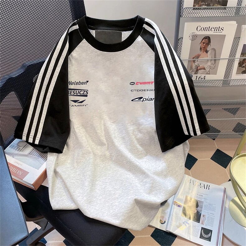 夏季美式高街重磅纯棉三条杠织带插肩撞色男女短袖T恤CZ100-特P25,男装T恤,电商A486