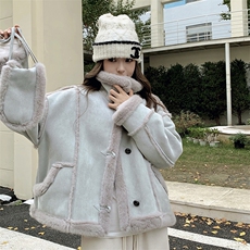 灰蓝色皮毛一体外套女秋冬2025加绒加厚羊羔毛慵懒风麂皮夹克棉服，女装短外套，2C232