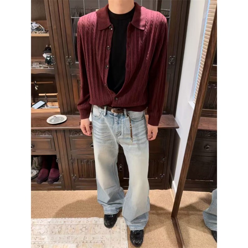 现货~酒红色老钱风秋冬条纹纽花休闲开衫毛衣MY2590批68,男装针织衫/毛衣,星座1411A-6
