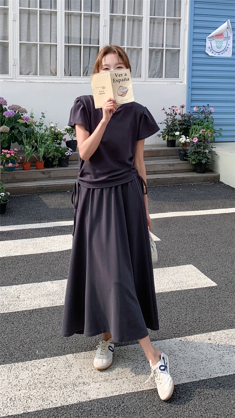 灰色松弛感穿搭套装夏装搭配一整套舒适休闲时尚上衣半身裙两件套,女装套装/套裙,2C316