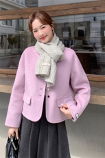 紫色双面羊绒外套女秋冬新款超火好看高级小众加厚毛呢短夹克上衣，女装毛呢外套，2C015