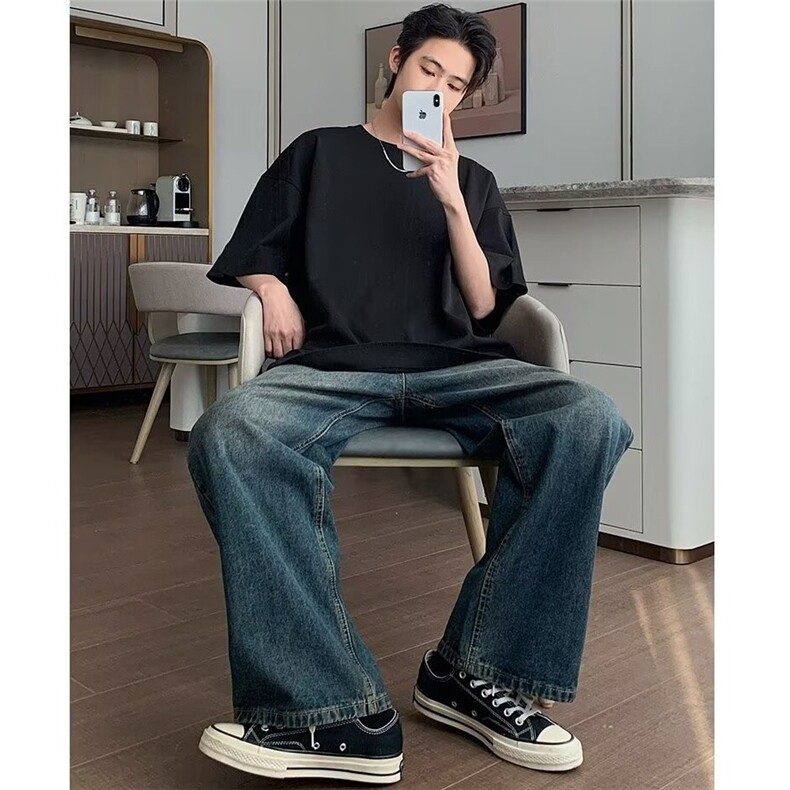 文艺ins慵懒休闲百搭复古蓝色直筒牛仔裤男日系新款气质NZT815,男装牛仔裤,星座516A